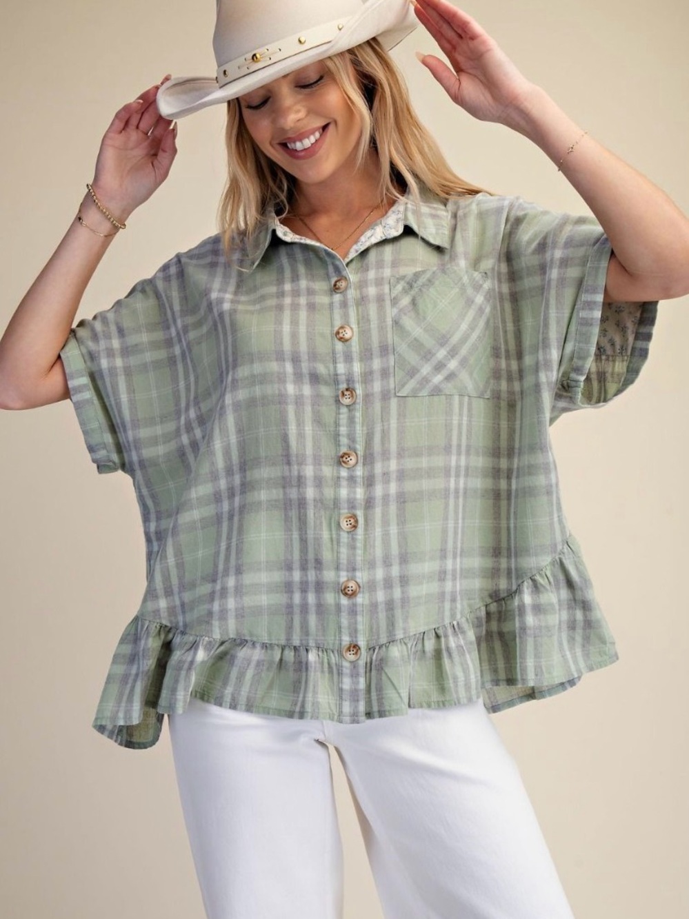 Easel Plaid Ruffle Hem Short Sleeve Top in Sage Green